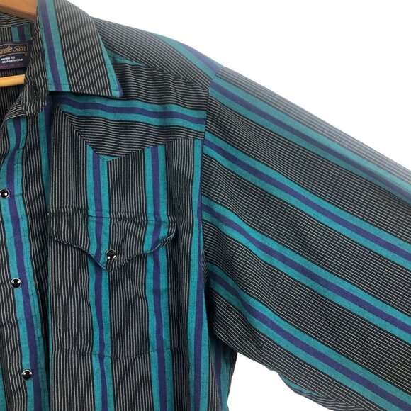 Vtg Panhandle Slim Western Pearl Snap Shirt 16-1/2 35 Blue Striped USA Pockets - Picture 5 of 10